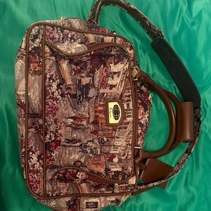 Multicolor vintage Woven Tapestry Travel Bag with Brown Trim